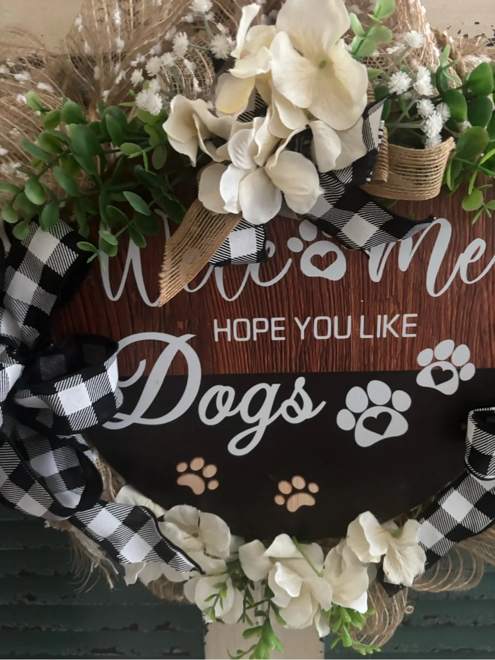 “Welcome” Hope You Like Dogs Burlap Mesh Floral Wreath Custom Design Final Sale